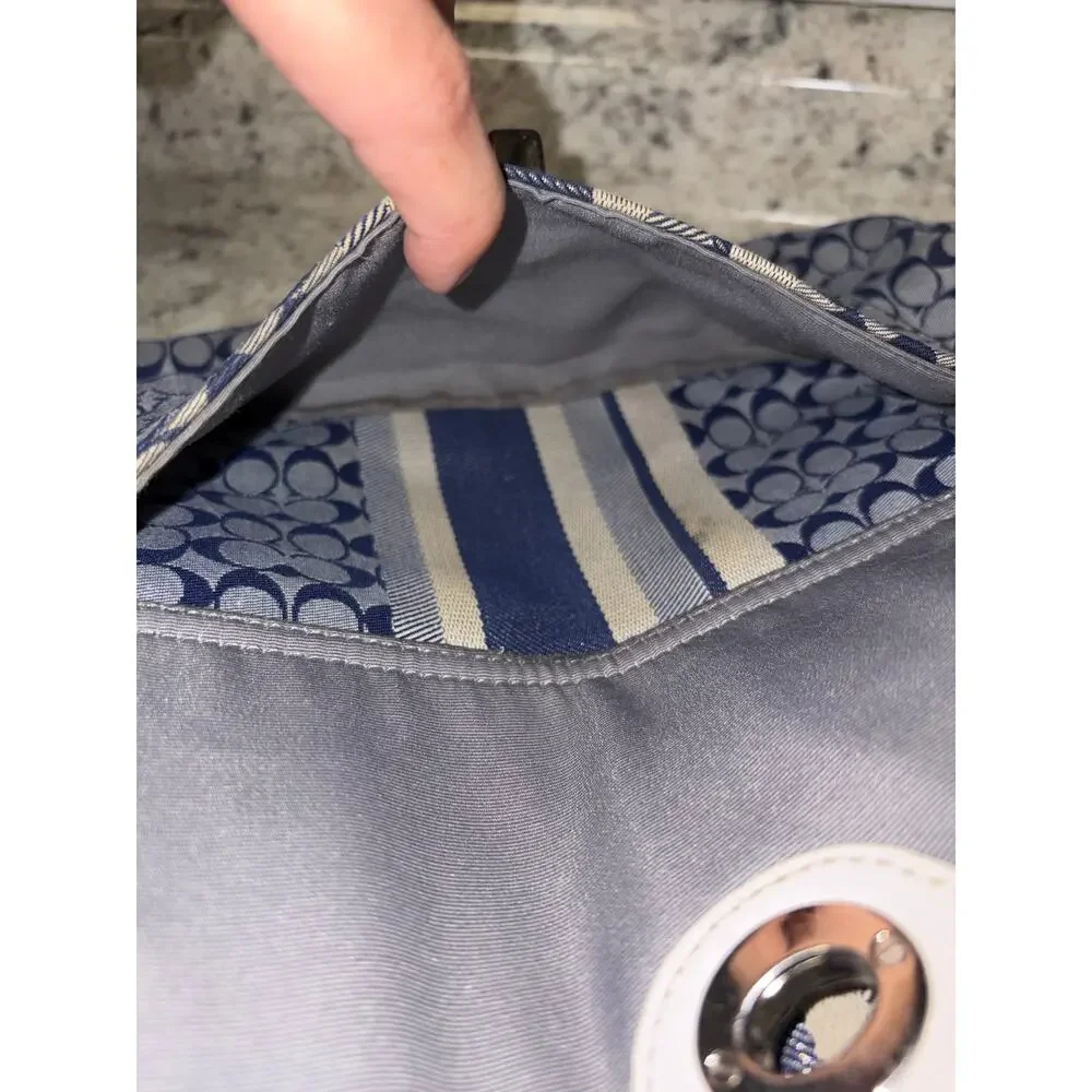 Coach Courtenay Hobo Blue Signature Stripe White Leather Tassel A1393